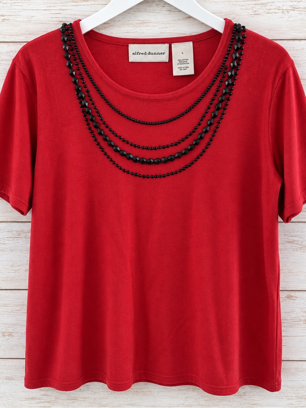 Alfred Dunner Red Short-Sleeve Top with Black Beaded Necklace Detail